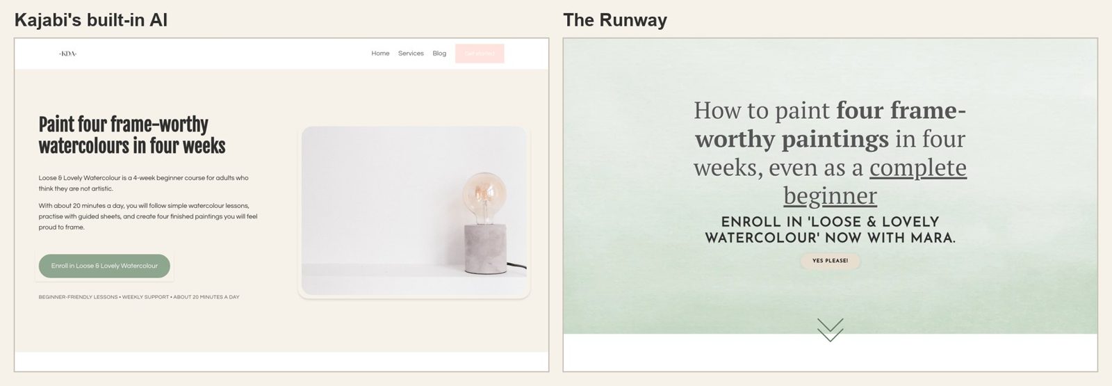 The top of each sales page side by side: Kajabi's built-in AI on the left, The Runway on the right
