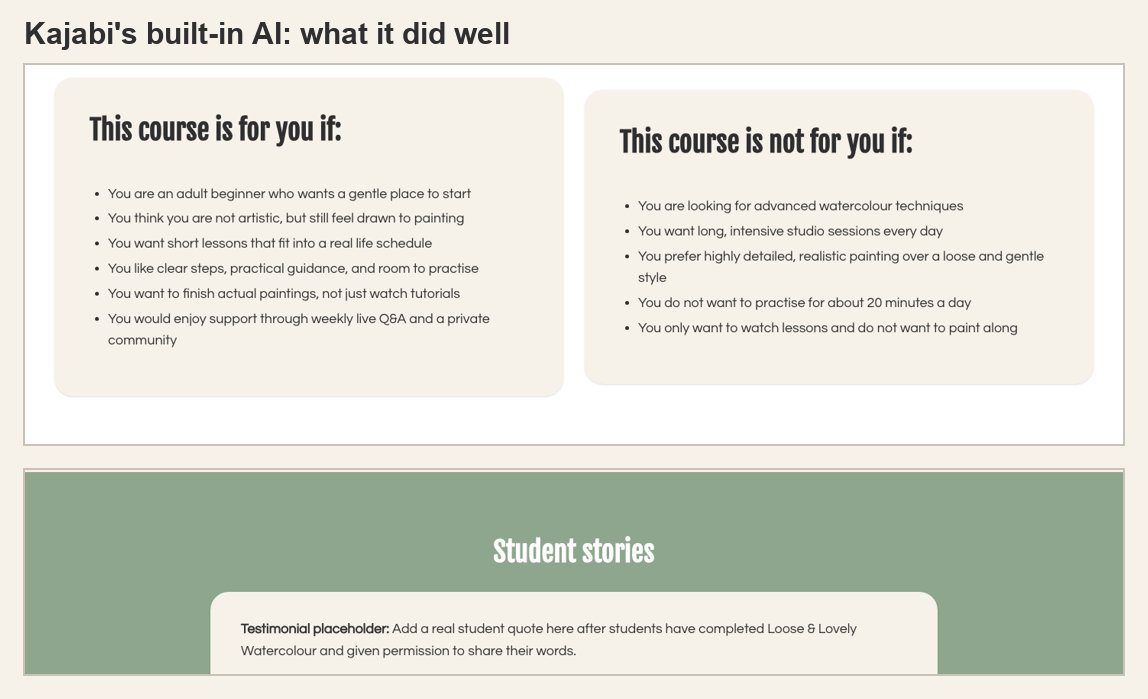 Kajabi's AI: a clear who it's for and who it's not for section, and an honest testimonial placeholder